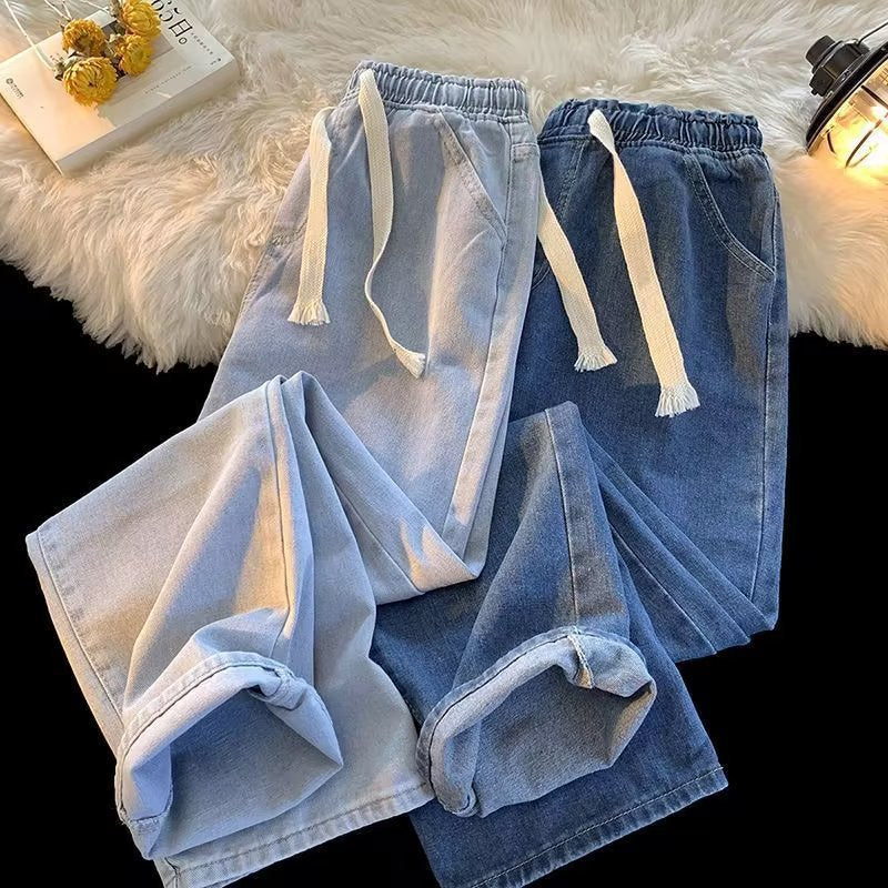 Elastic Waist Straight Drawstring Jeans