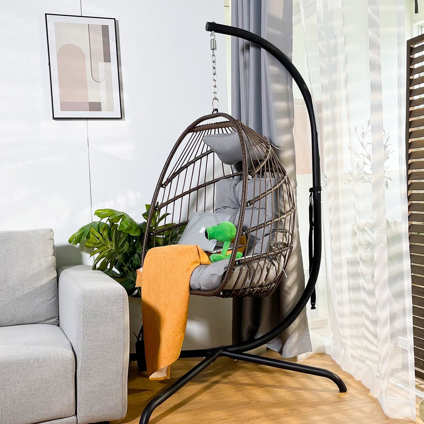 Swing Egg Chair With Stand Indoor Outdoor Wicker Rattan Patio Basket Hanging Chair With C Type Bracket , With Cushion And Pillow