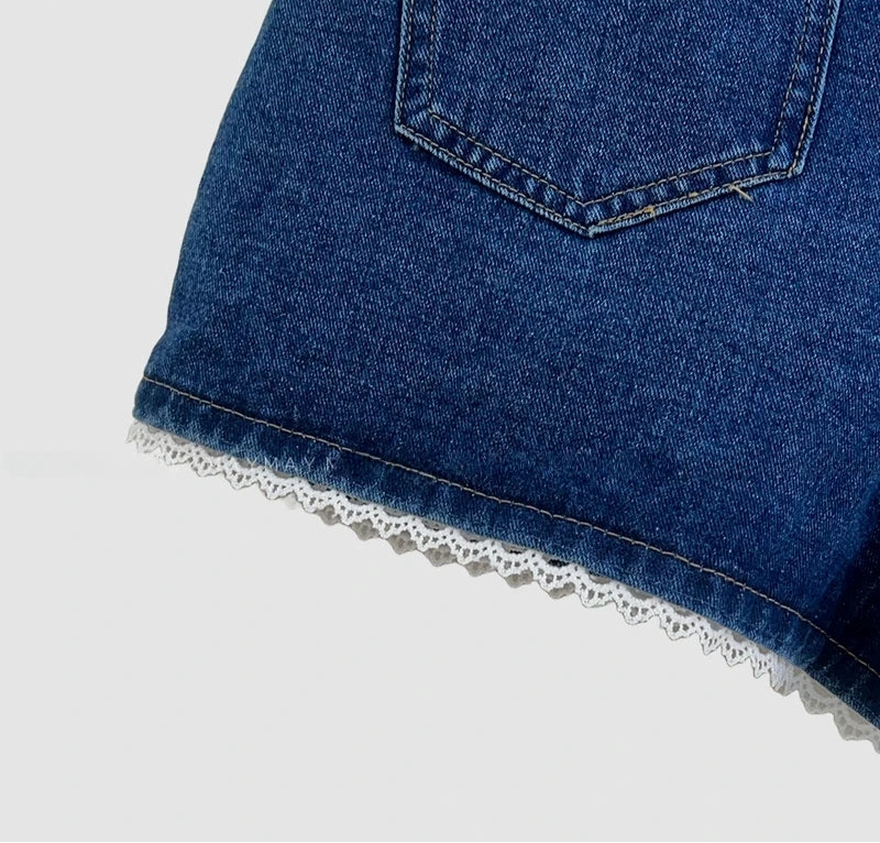 Lace Trim High Waist Denim Shorts - Casual Loose Fit