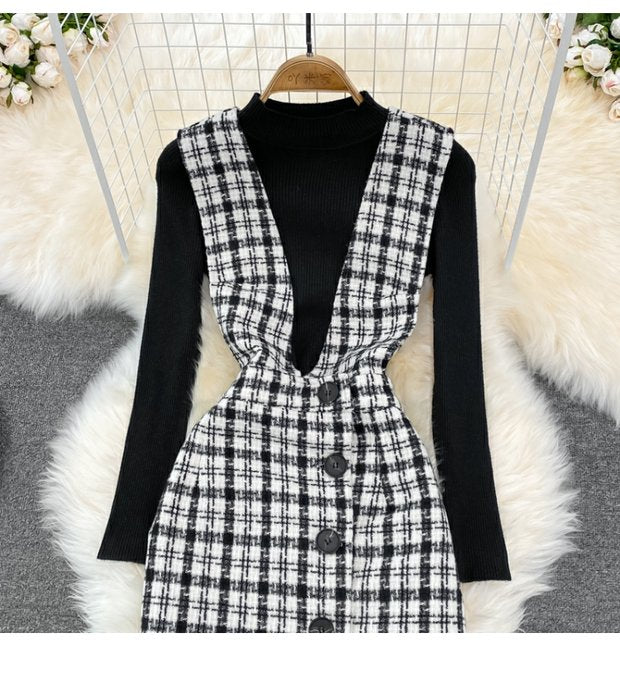 Woolen Plaid Suit Skirt Female Strap Dress Two-piece Sweater