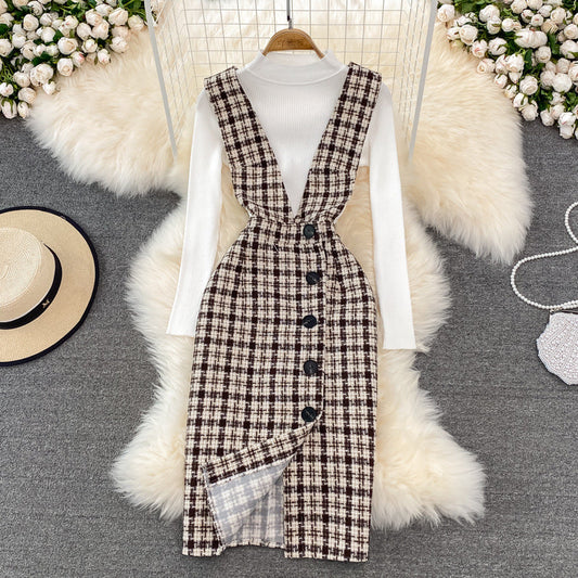 Woolen Plaid Suit Skirt Female Strap Dress Two-piece Sweater