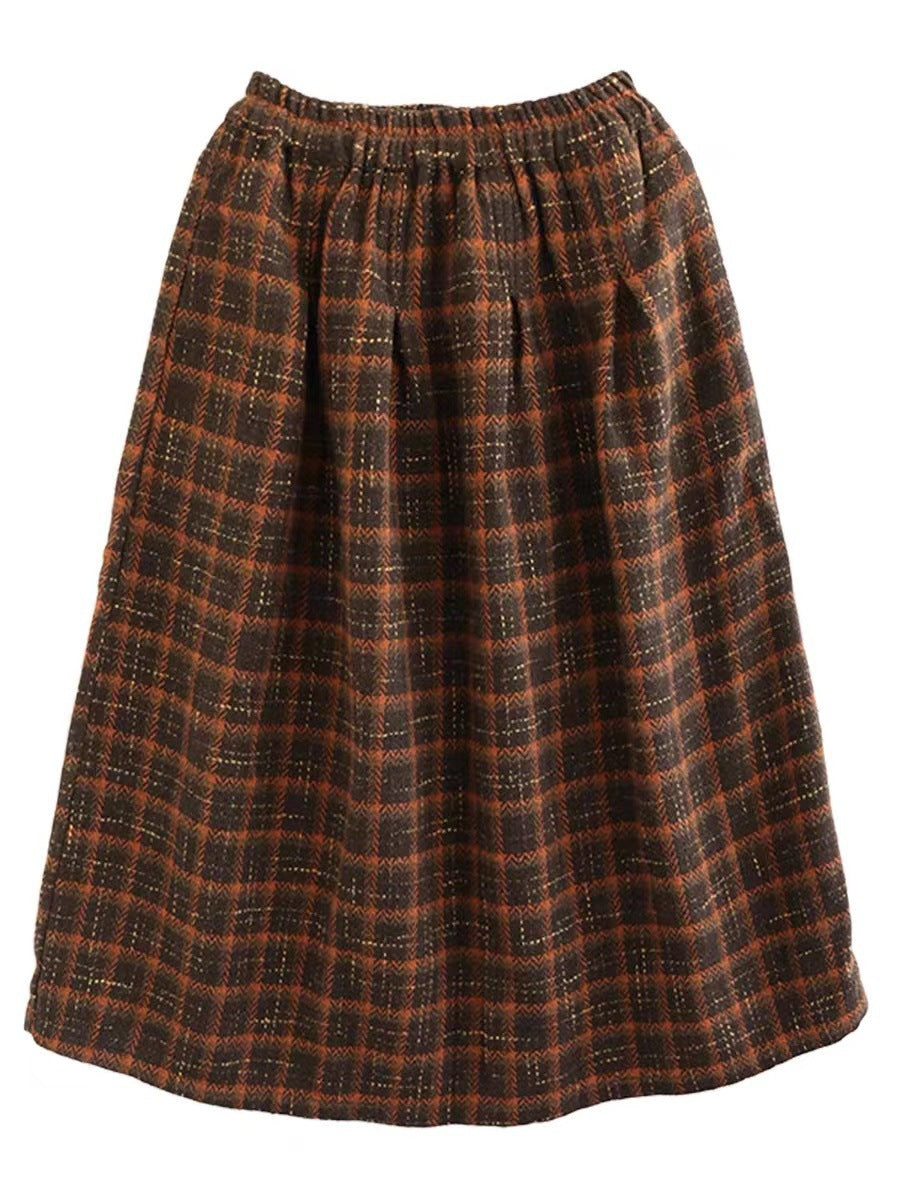 Elastic High Waist Woolen Cloth Plaid A- Line Skirt