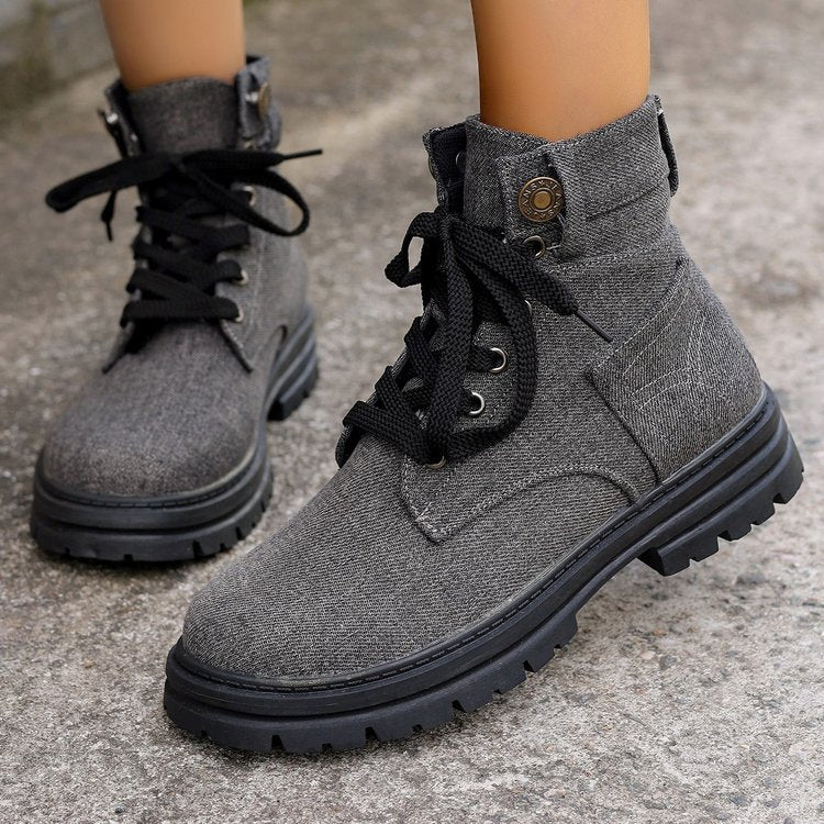 Lace-up Denim Ankle Boots Women Fashion Platform Boots