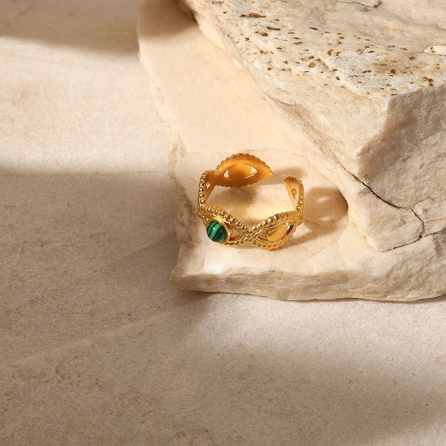 18K Gold Stainless Steel Green Malachite Natural Stone Ring