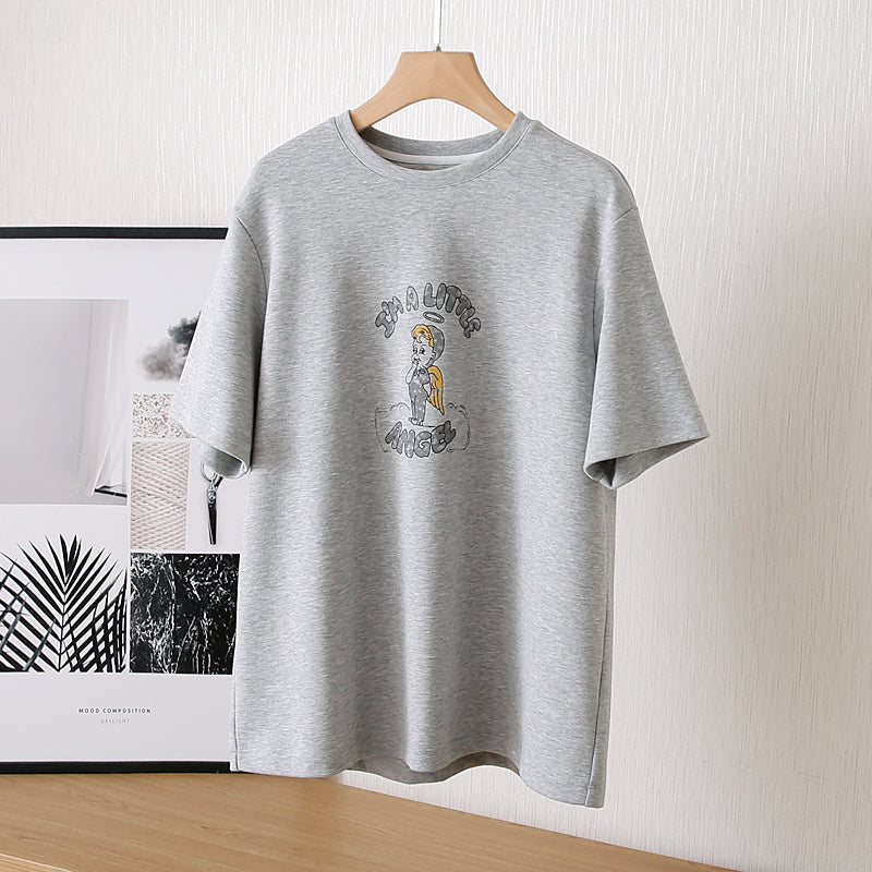 Little Angel Women's Round Neck Loose Printed Short Sleeve Cotton T-Shirt