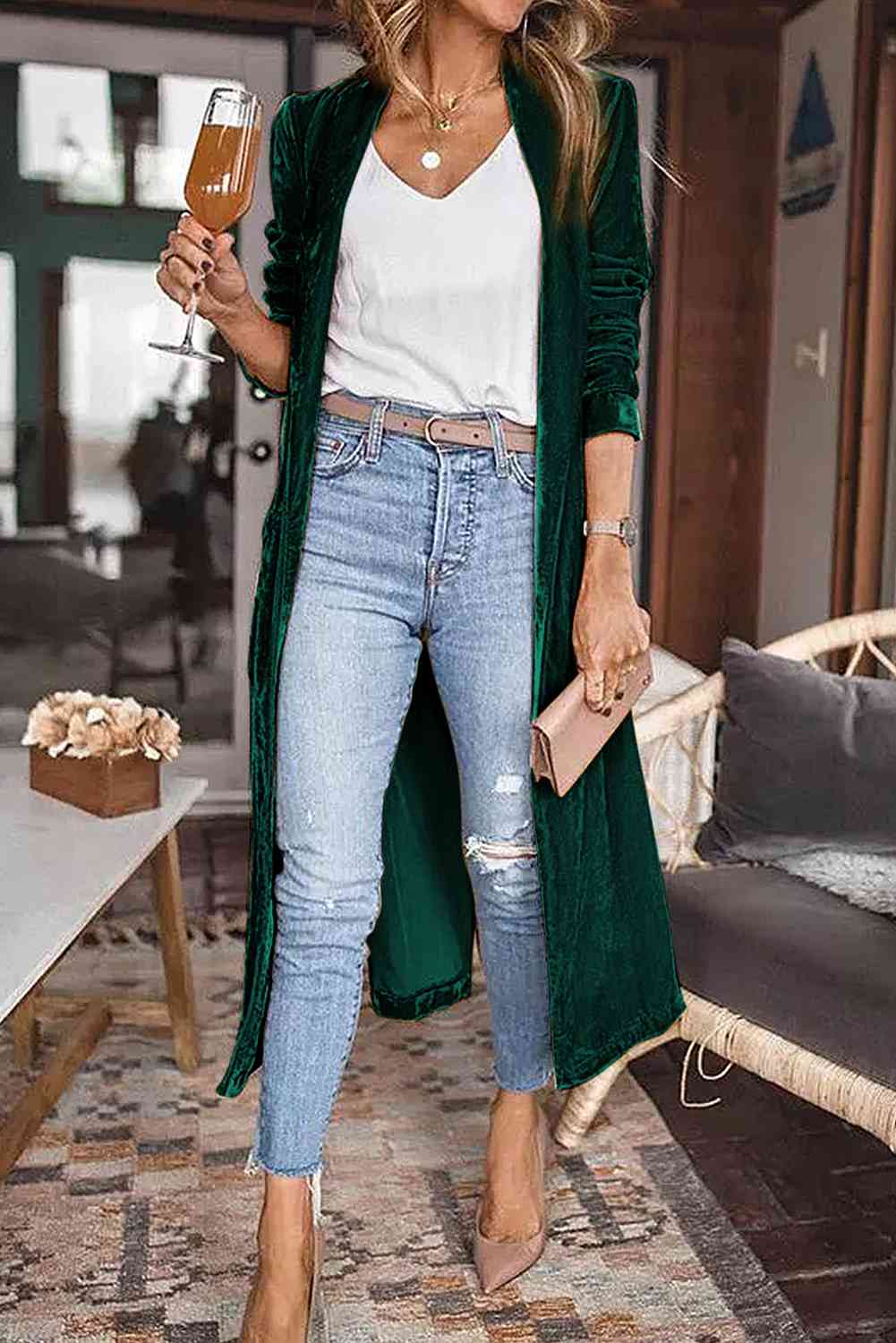 Open Front Long Cardigan with Pockets