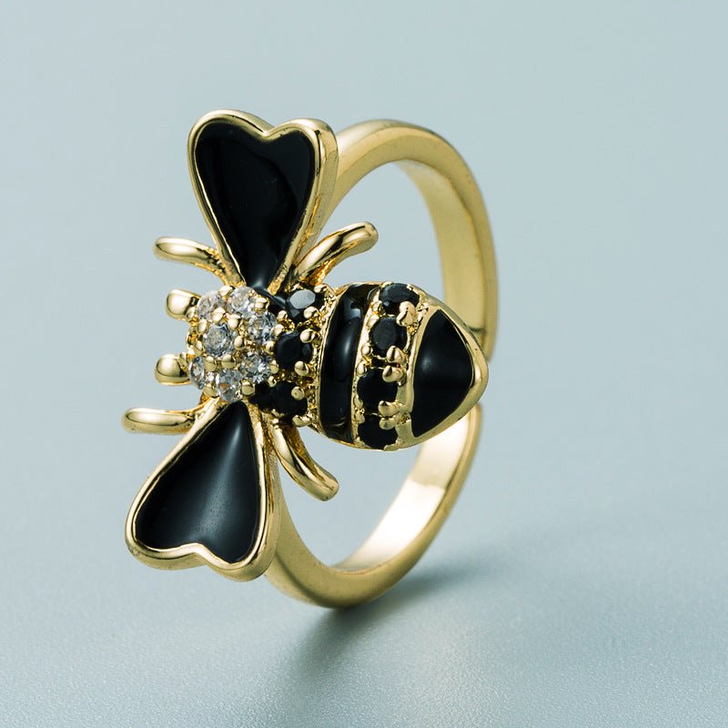 Copper Plated Real Gold Inlaid Zircon Bee Ring