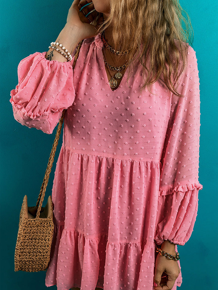 Pink Swiss Dot V-Neck Long Sleeve Mini Dress