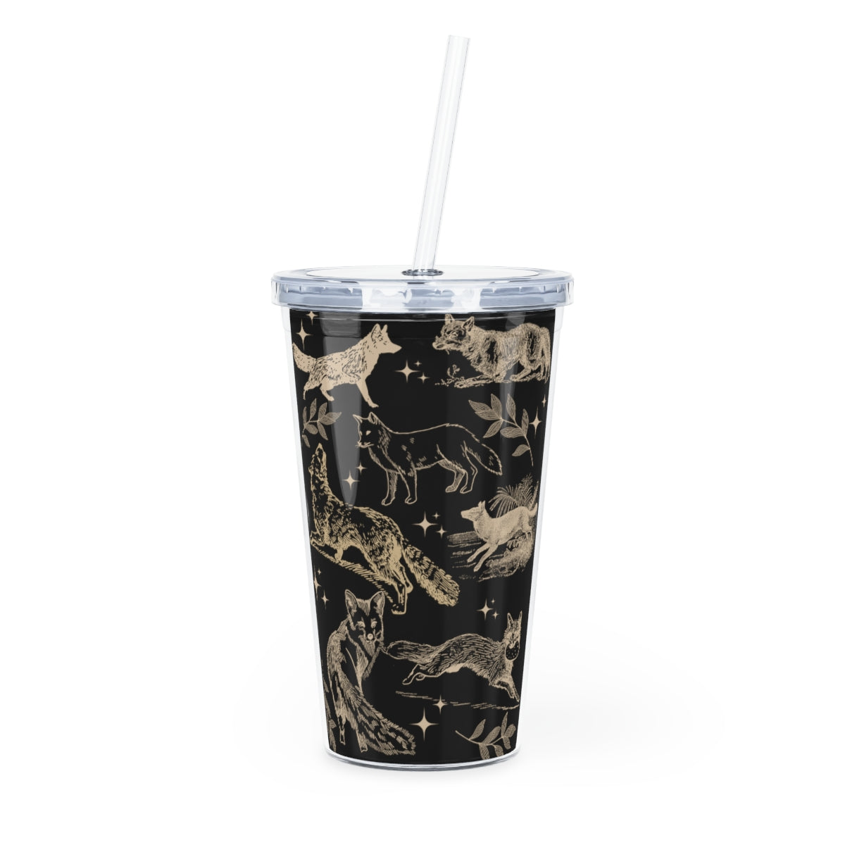 Black Fox Plastic Tumbler with Straw, Trendy Fox Lover Favorite Animal Iced Coffee Tumbler