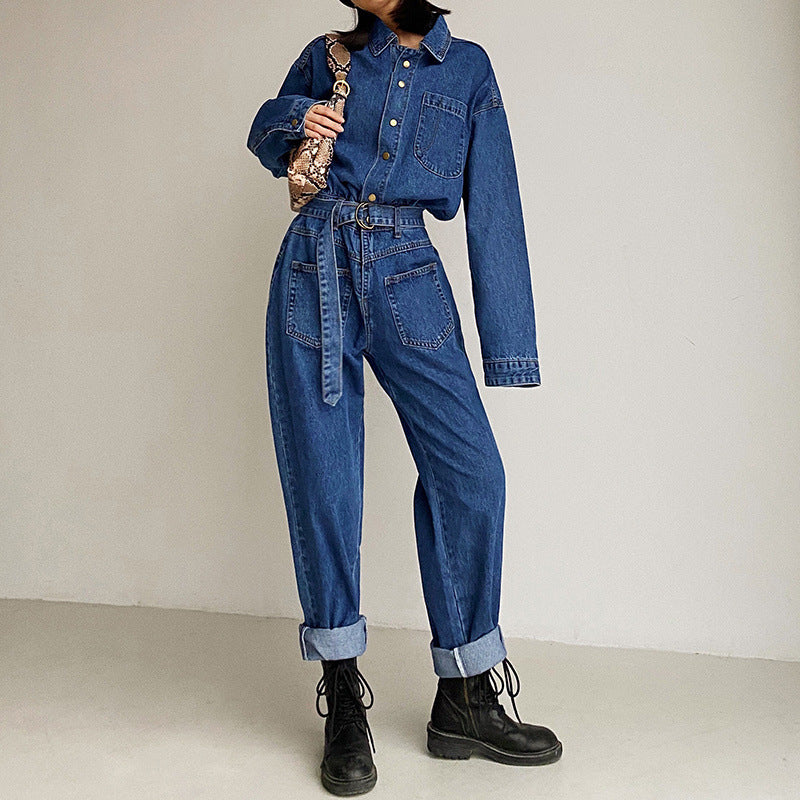 Lapel Collar Long-sleeved Waisted Denim Overalls Jumpsuit