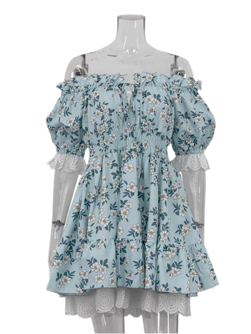 Puff Sleeve Tie Up Elastic Puff Sleeve Mini Dress