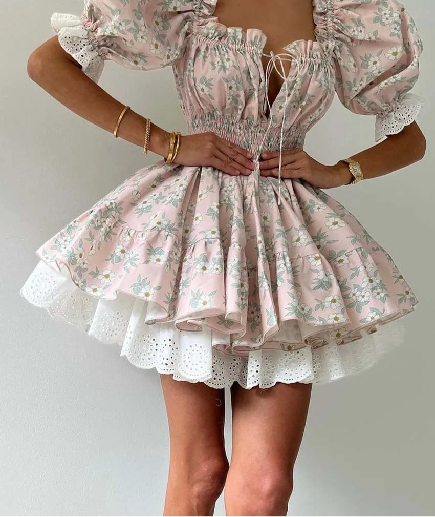 Puff Sleeve Tie Up Elastic Puff Sleeve Mini Dress