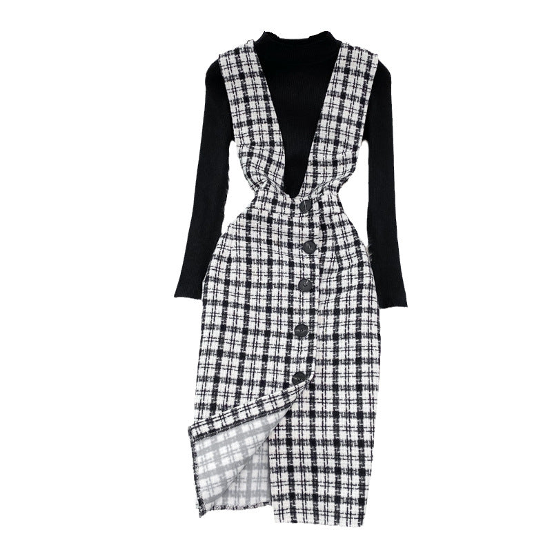 Woolen Plaid Suit Skirt Female Strap Dress Two-piece Sweater