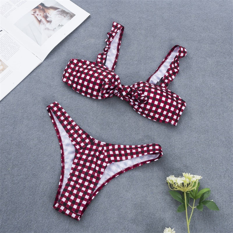 Plaid Bow Split Swimsuit Ladies Suit