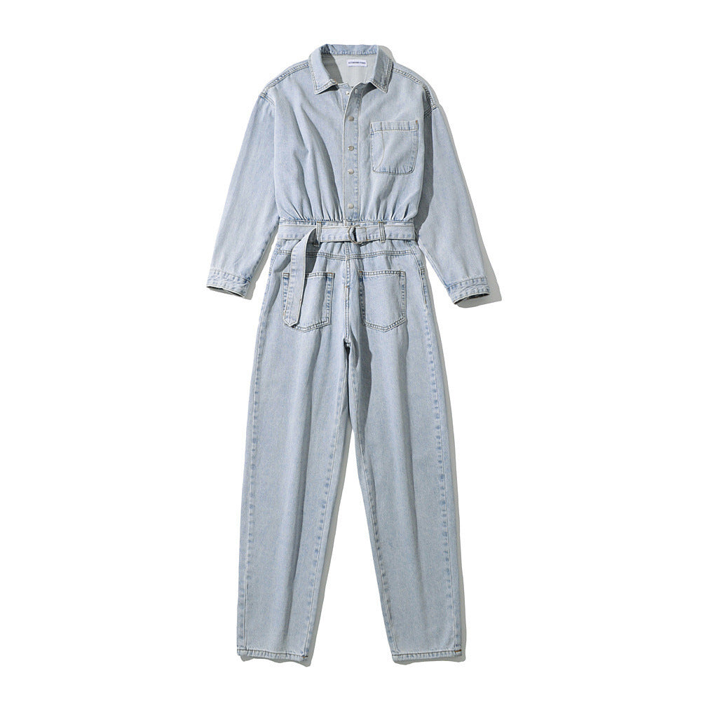 Lapel Collar Long-sleeved Waisted Denim Overalls Jumpsuit