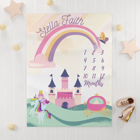 Fairytale Unicorn Rainbow Soft Fleece Milestone Blanket, Monthly Growth Tracker, Personalized Baby Blanket, Baby Shower Gift, Baby Gift