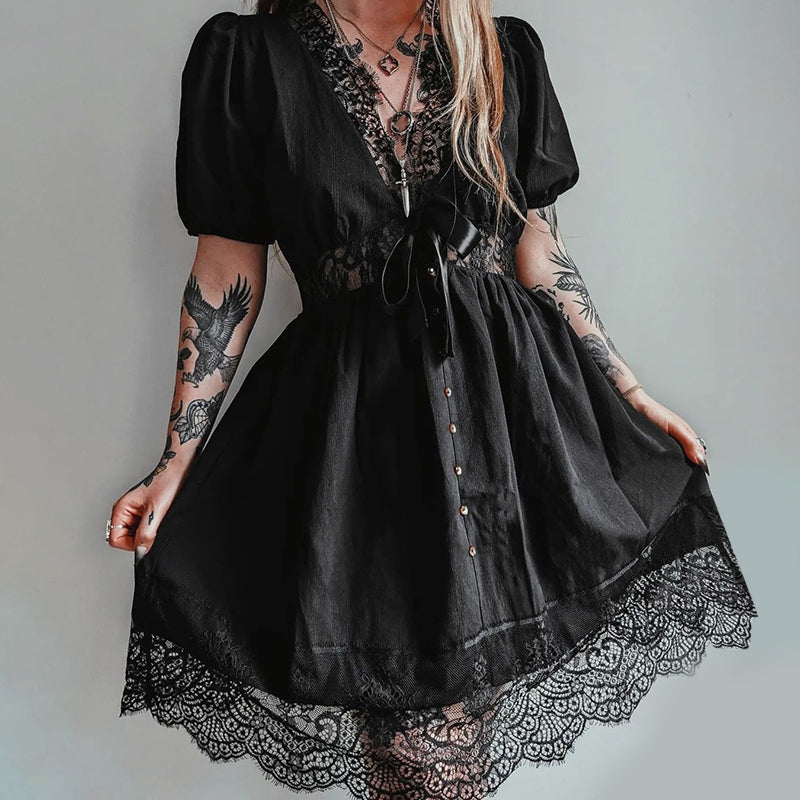 Women's Lace Texture Fabric Puff Sleeve Dress