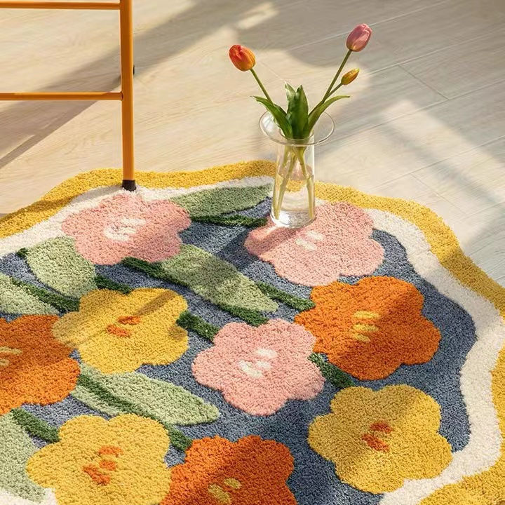Soft Flower Irregular Round Shape Bedside Rug