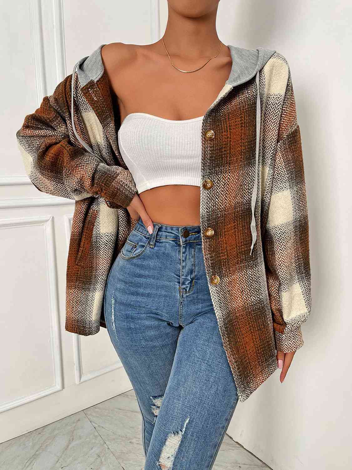 Plaid Drawstring Hooded Jacket