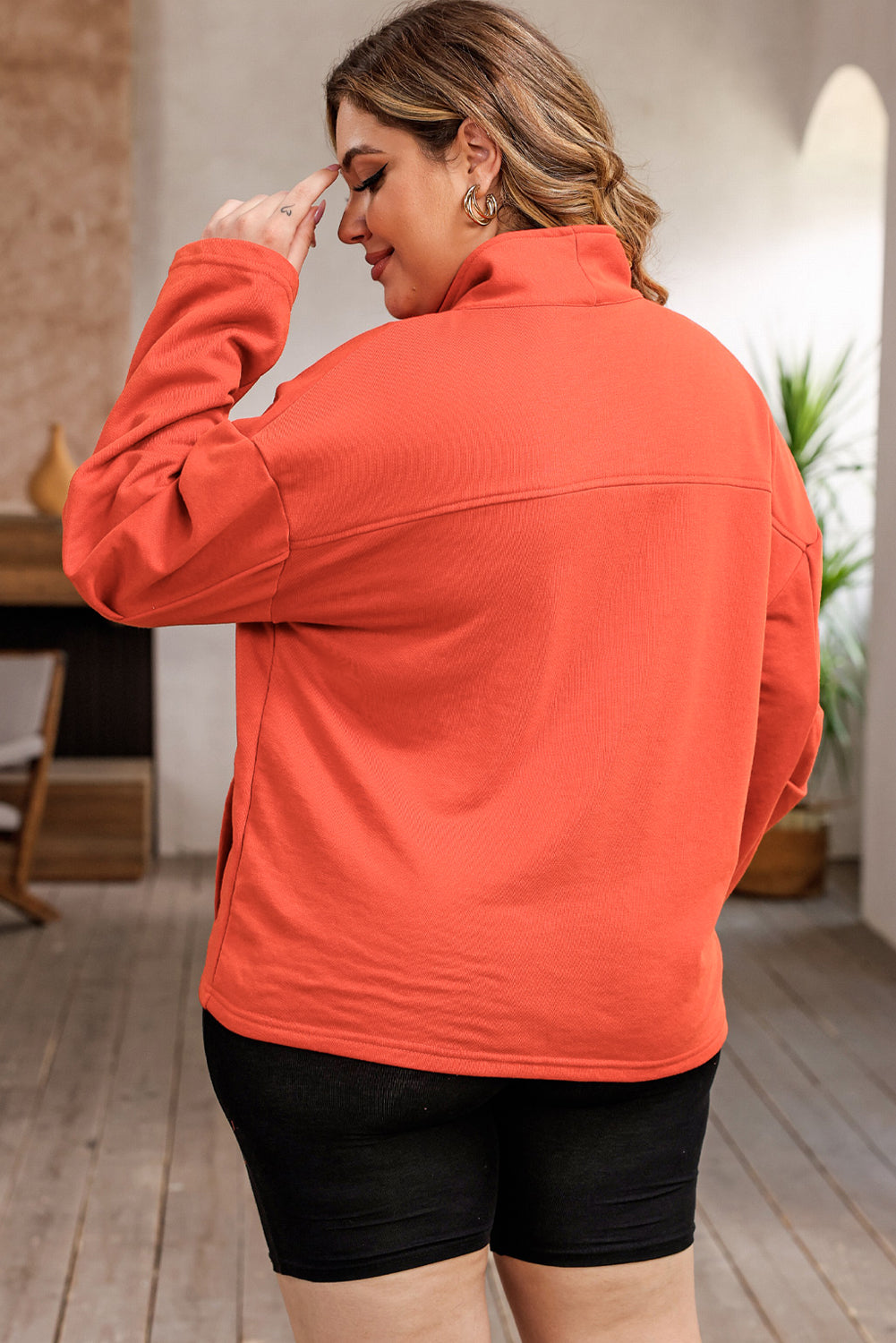 Orange Plus Size Zip-Up Dropped Shoulder Sweatshirt