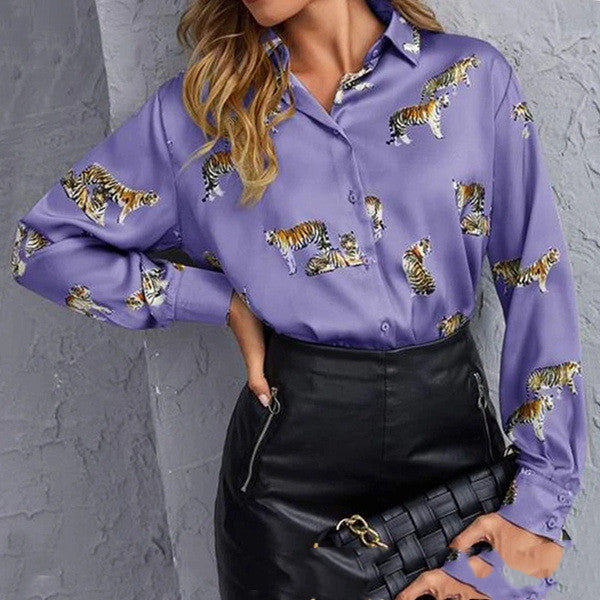 Printed Long-sleeved Lapel Single Breasted Tiger Print Shirt