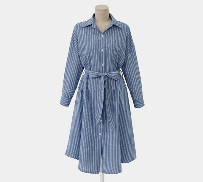 Long Striped Shirt Female Belt Long Sleeve Shirt Skirt