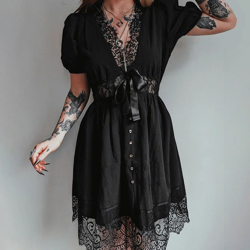 Women's Lace Texture Fabric Puff Sleeve Dress