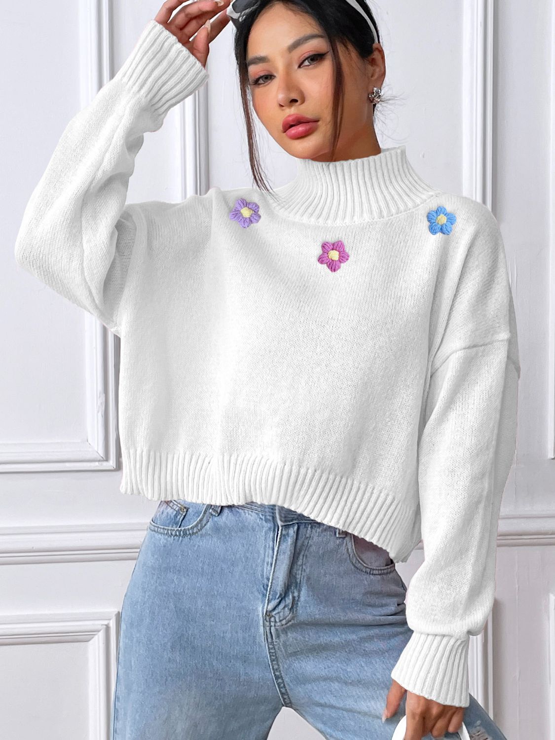 Flower Turtleneck Long Sleeve Sweater