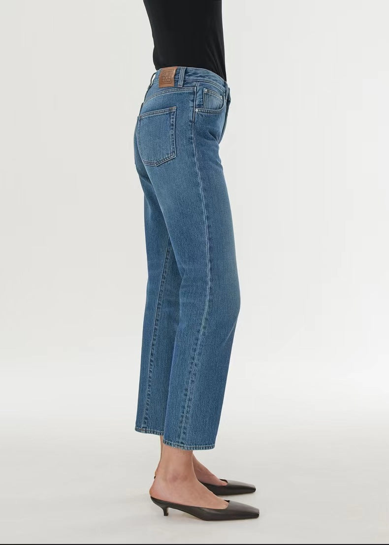 High Waist Stretch Twisted Straight Cropped Jeans