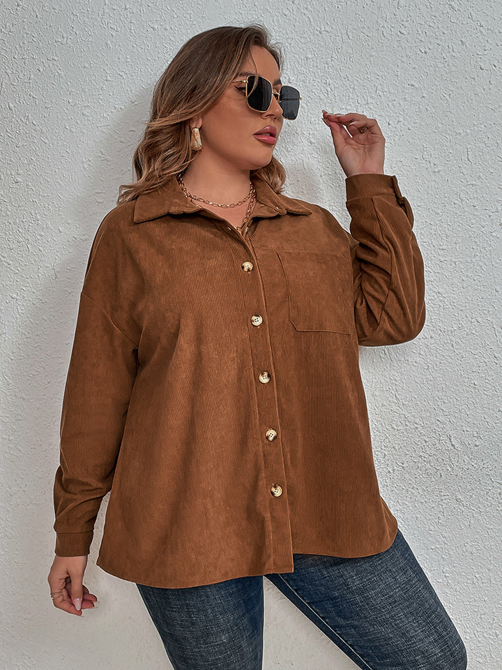 Brown Plus Size Collared Neck Long Sleeve Shirt