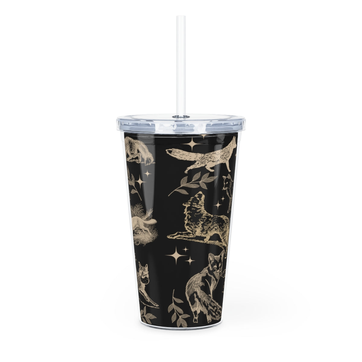 Black Fox Plastic Tumbler with Straw, Trendy Fox Lover Favorite Animal Iced Coffee Tumbler