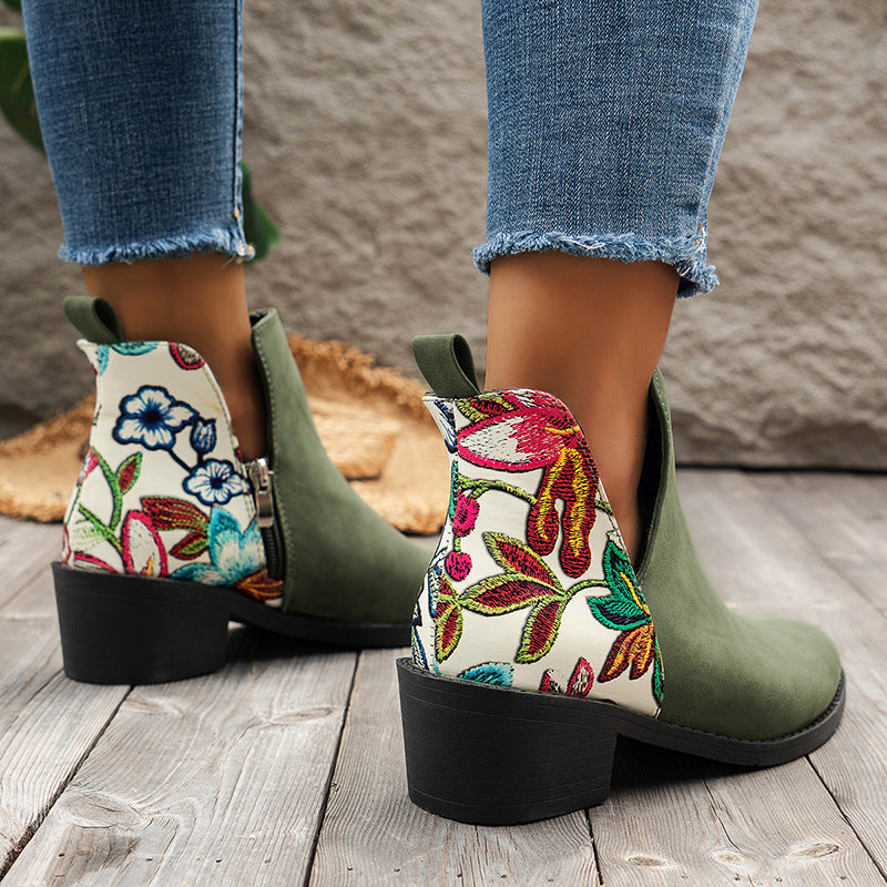 Flowers Printed Ankle Boots Fashion Side Zipper V-cut Square Heel Shoes For Autumn Winter