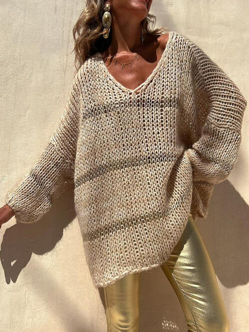 Openwork V-Neck Long Sleeve Sweater