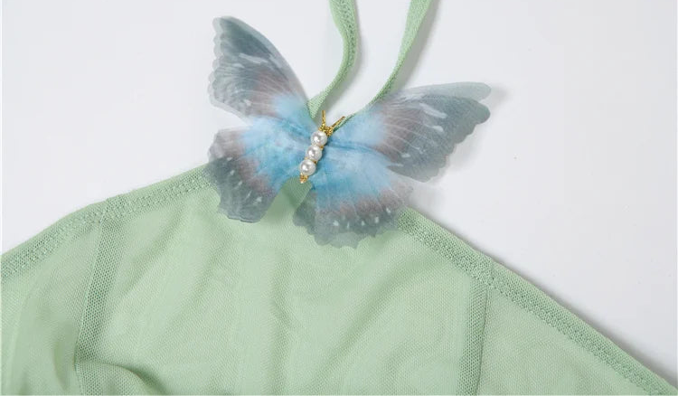 Green Butterfly Applique Halter Sheer Midi Dress