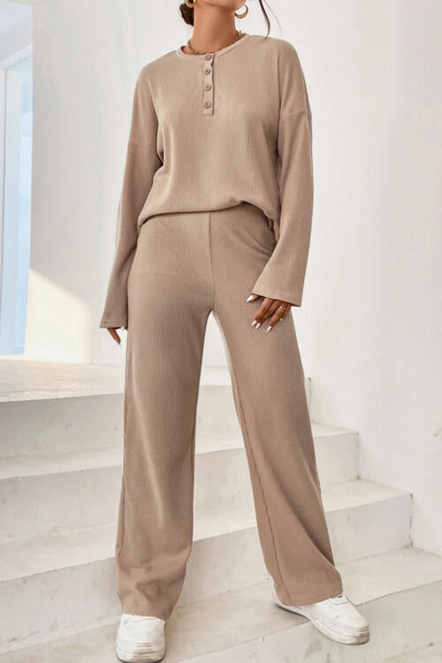 Ribbed Half Button Top and Pants Set