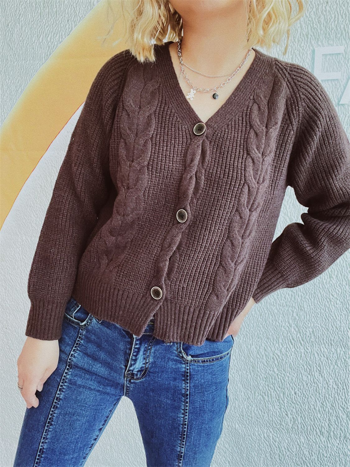 Cable-Knit V-Neck Button Down Long Sleeve Cardigan