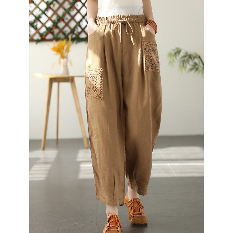 Women's Fashion Literary Cotton Linen Solid Color Lace Patch Harem Pants