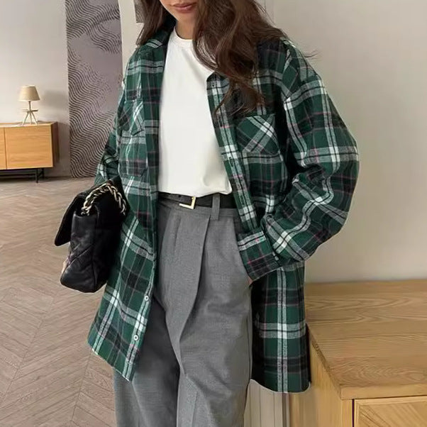 Fashion Green Plaid Shirt Cardigan Design Ladies