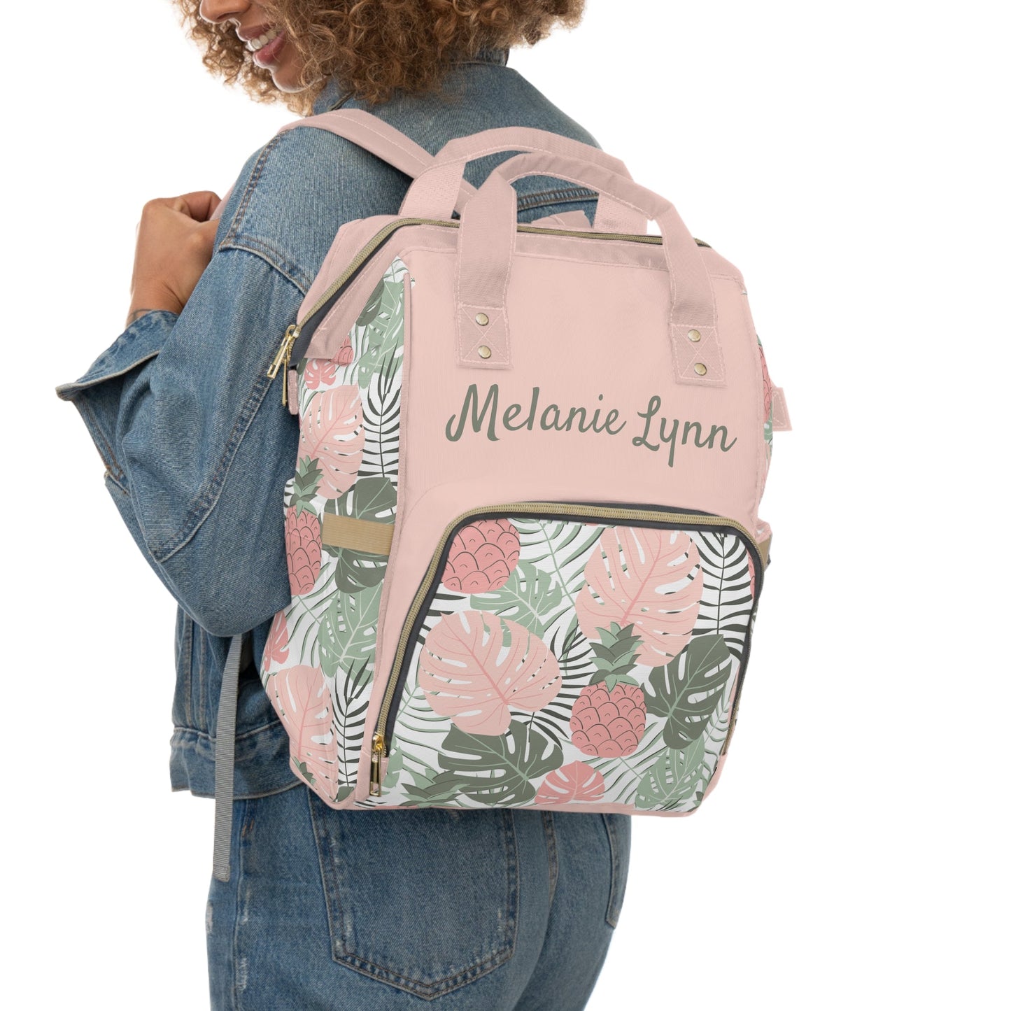 Personalized Pink Tropical Pattern Multifunctional Diaper Backpack, Newborn Gift, Baby Shower Gift, Tropical Themed Baby Shower