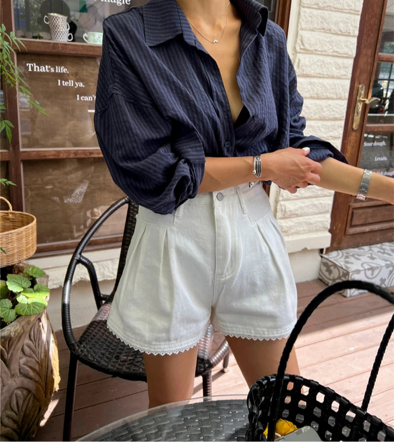 Lace Trim High Waist Denim Shorts - Casual Loose Fit