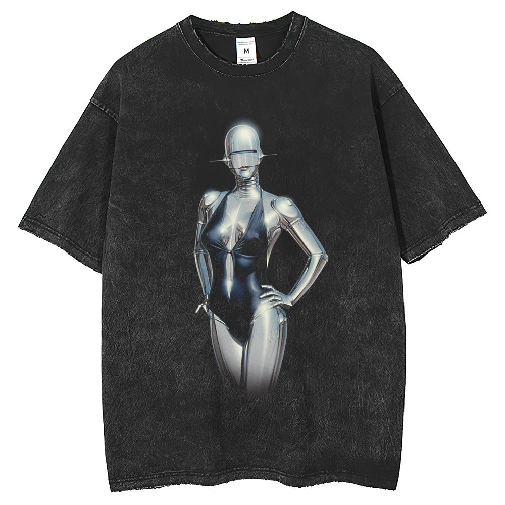 Robot Printed T-shirt American Washed Old Short Sleeve