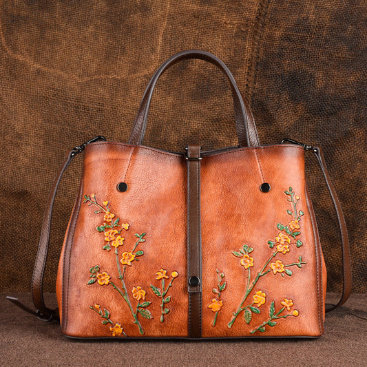 Vintage Embossed Diagonal Flower Leather Handbag