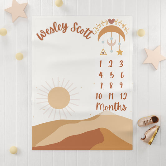 Wesley Scott Neutral Desert Soft Fleece Milestone Blanket, Monthly Growth Tracker, Personalized Baby Blanket, Baby Shower Gift, Baby Adventure