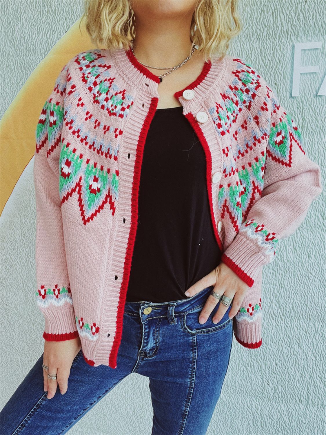 Contrast Geometric Round Neck Long Sleeve Cardigan