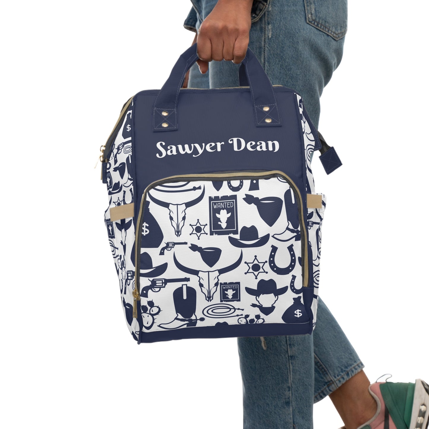 Personalized Navy Cowboy Pattern Multifunctional Diaper Backpack, Newborn Gift, Baby Shower Gift, Cowboy Backpack