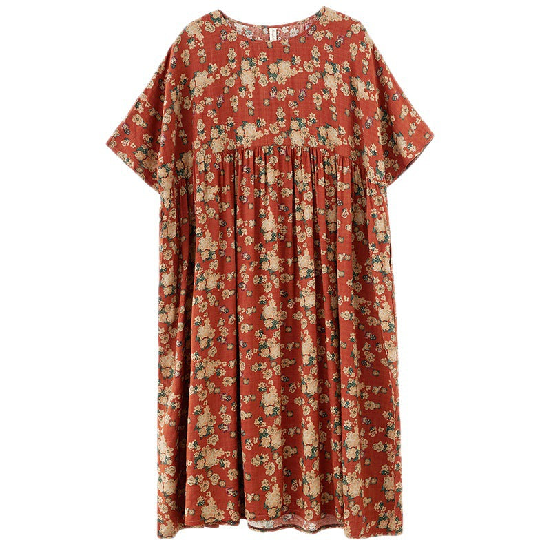 Artistic Loose Short Sleeve Wide Hem Printed Dress Women's Clothing