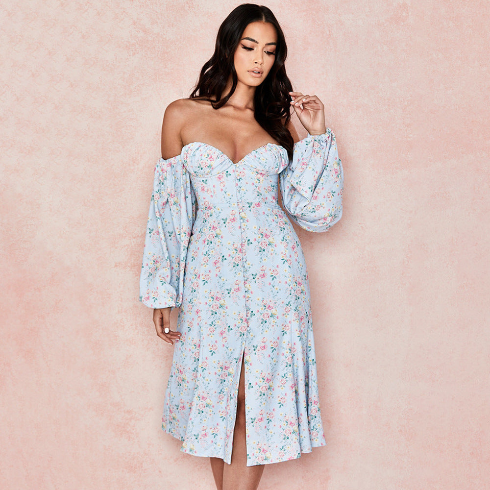 Floral Wrapped Chest Puff Sleeve Button Slim Dress