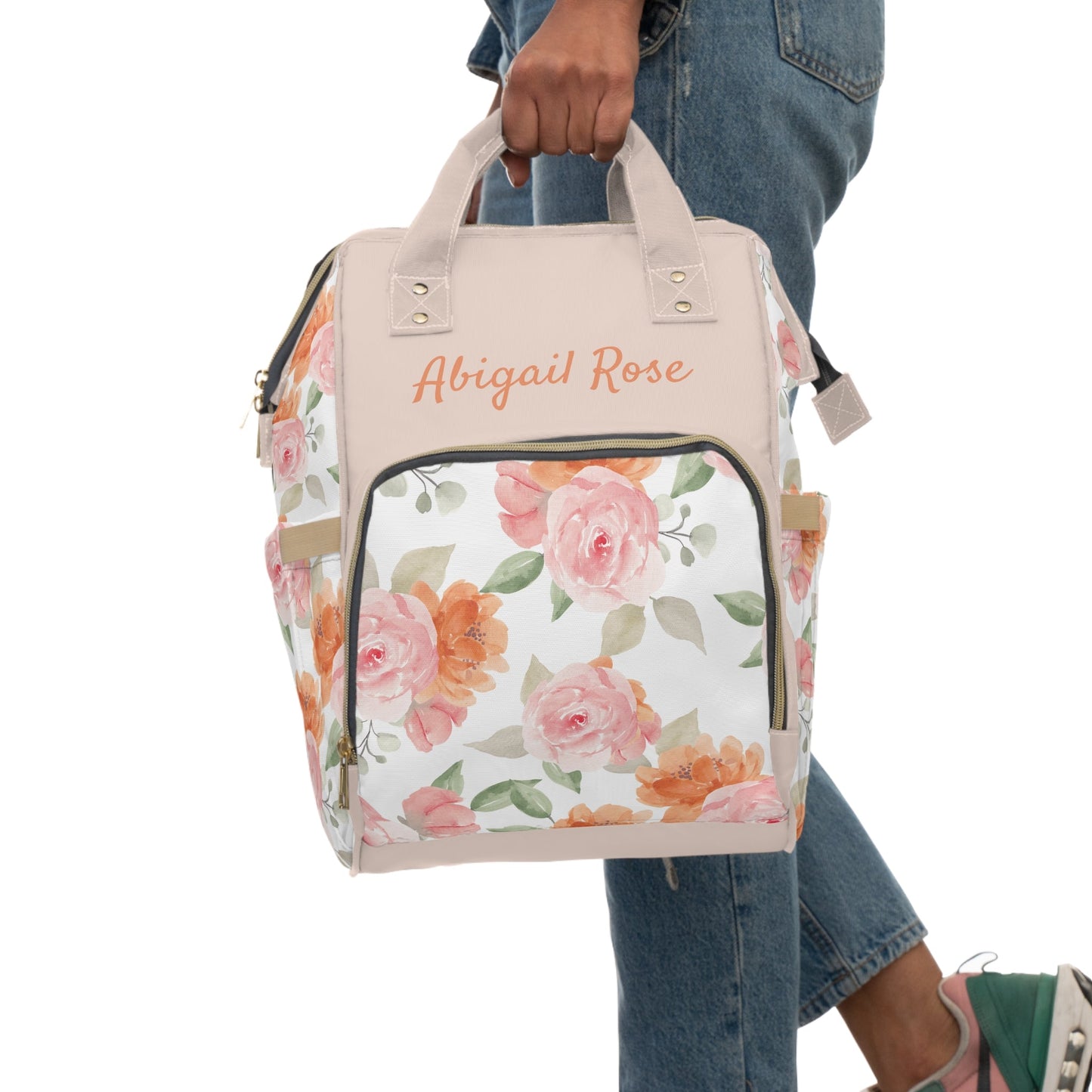 Personalized Girls Pink Rose Multifunctional Diaper Backpack, Newborn Gift, Baby Shower Gift, Baby Diaper Bag Nappy Stroller Bag