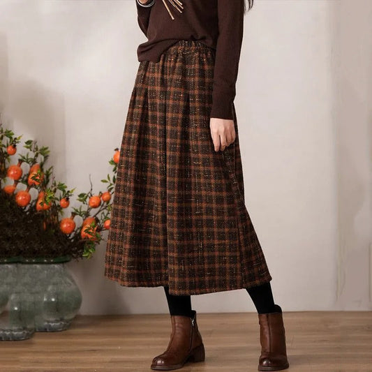 Elastic High Waist Woolen Cloth Plaid A- Line Skirt