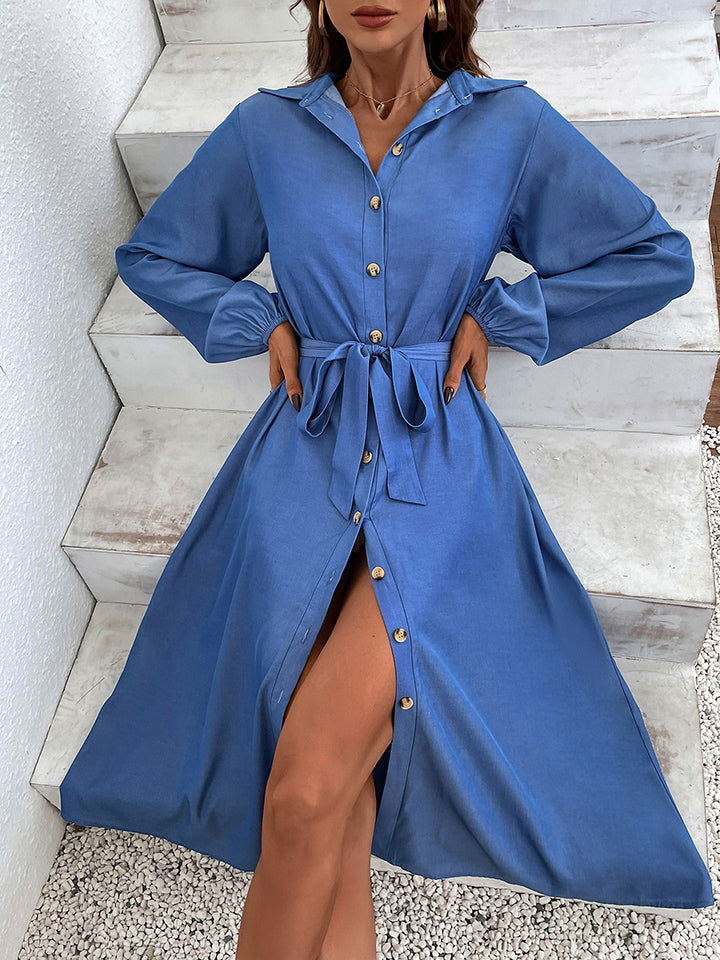 Blue Button-Down Tie Waist Collared Neck Dress